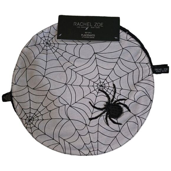 Max Studio Beaded Spider Web Halloween Placemats 15in Round Set of 4 - Picture 1 of 4